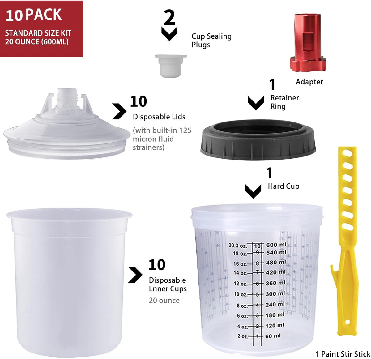 Disposable Paint Mixing Cup Kit,HVLP Paint Sprayer Gun Mixing Cups 20 Ounce (600ml) Kit with 10 Cups and Lids System, 2 Plugs and 1 Hard Cup with Retainer Ring, 1 Cup Adapter,Paint Stirrer (10)