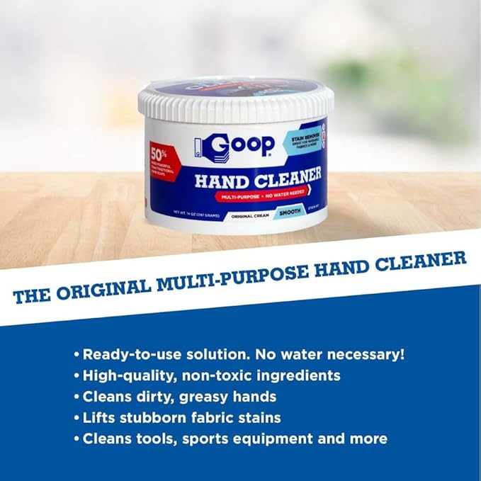 GOOP Multi-Purpose Hand Cleaner- Waterless Hand Degreaser, Laundry Stain Remover - NonToxic and Biodegradable Cleaner Remove Dirt, Oil, Paint, Ink, and Clothes Stains Original, 14oz Pack of 1