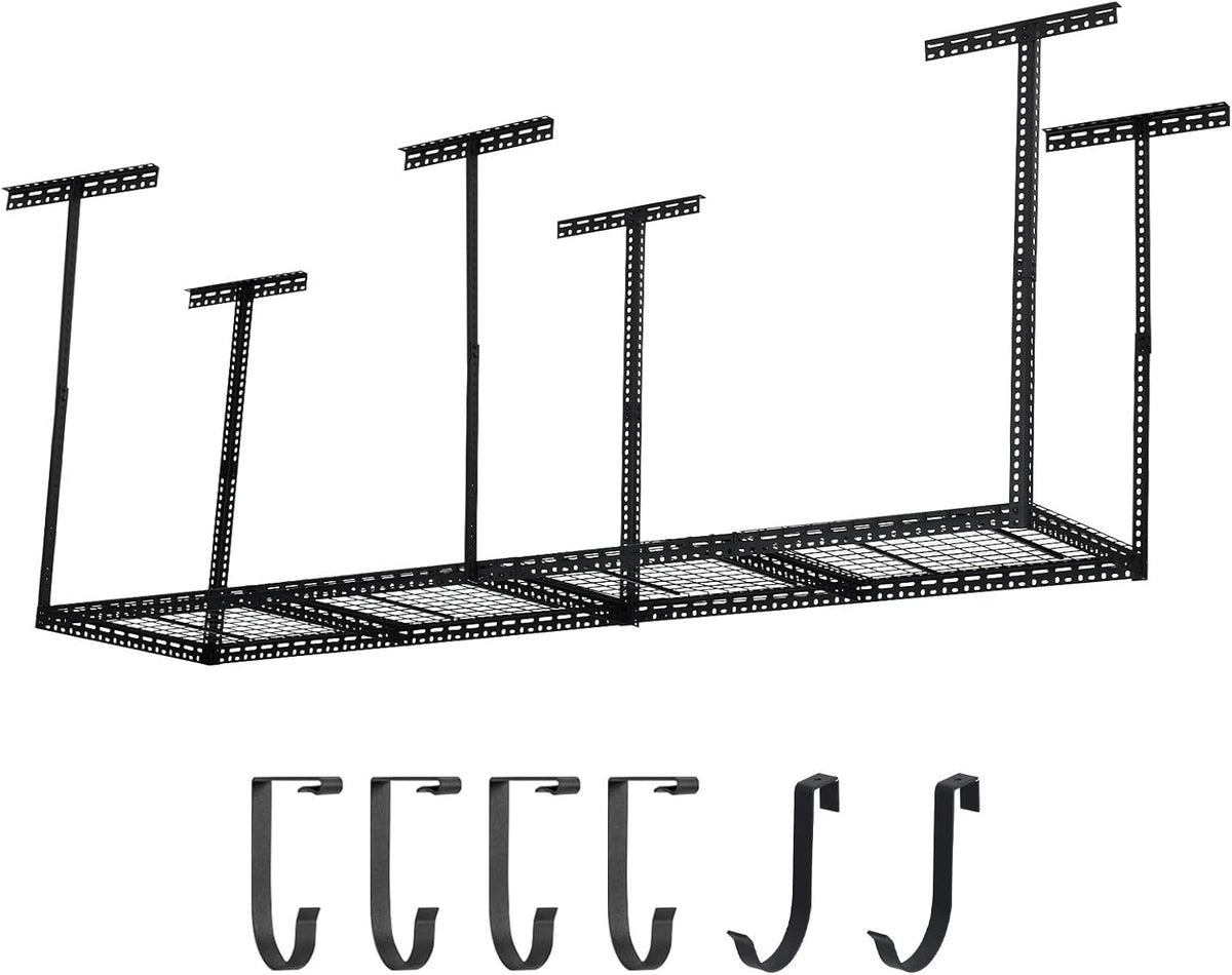 Overhead Garage Storage Rack 2x8 FT, Steel Ceiling Shelves 660lb Capacity, Height Adjustable 22-40 Inches, Space-Saving for Attic Basement Shed (Black, 6 Posts)