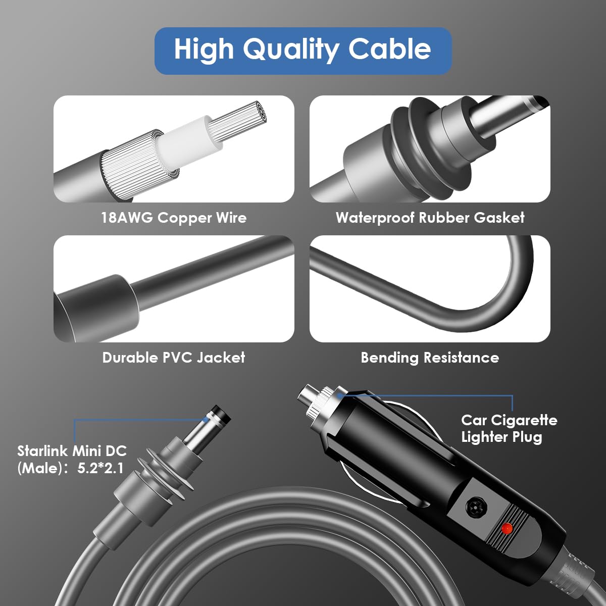Starlink Mini Car Adapter Cable, 12V Cigarette Lighter to DC Power Cord, 10ft 18AWG Waterproof Charger for Starlink Mini Satellite Internet – 12 Volt Car Adapter (RV, Truck, Off-Grid Setup)
