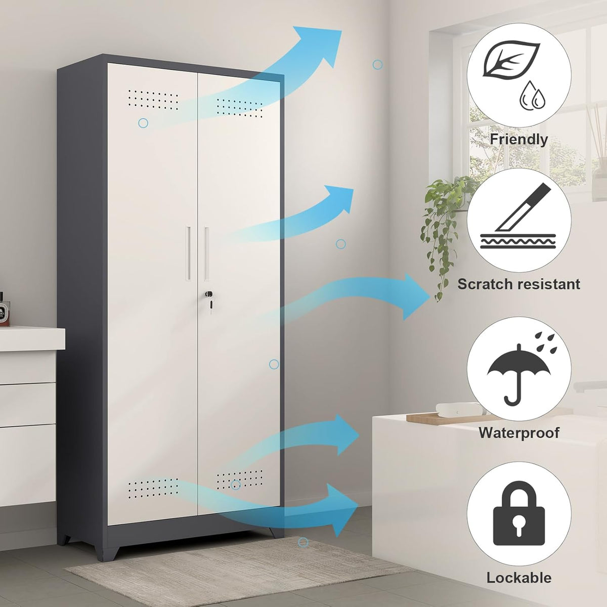 GREATMEET 72.8" H Metal Garage Storage Cabinets with Lock Door and Adjustable Shelves,Grey&White Broom Closet Storage Cabinet for Cleaning Supplies, Utility Closet for Garage, Bathroom,Kitchen,Home
