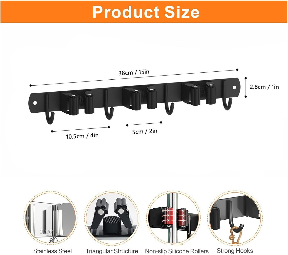 2 Pack Mop and Broom Holder Wall Mount, Non-slip Broom Hanger Wall Mount, Heavy Duty Mop Broom Organizer for Kitchen Garden Garage Laundry Room Wall Decor Organization and Storage Black 3R4H