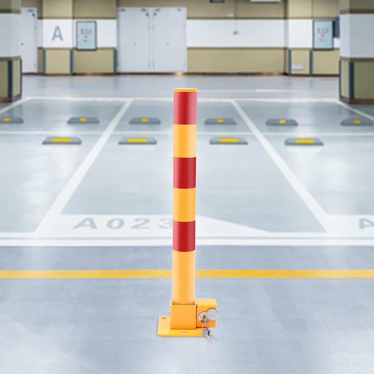 Parking Post and Base With Lock, Parking Barrier Post Parking Blocker Driveway Blocker 23.6 Inch Parking Lock Personal Garage Driveway Barrier Safety Parking Barrier Traffic Pole, Yellow + Red