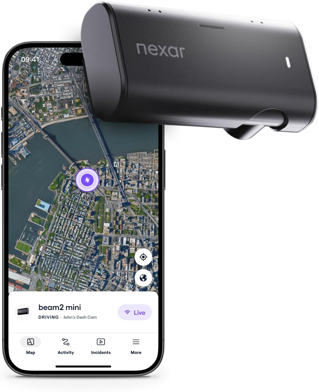 Nexar Beam2 Mini Dash Cam Car Camera 128GB Storage 24H Parking Mode Wide Angle FHD Lens Wireless Dash Camera for Cars Includes $25 OBD Hardwire Kit for Continuous Power