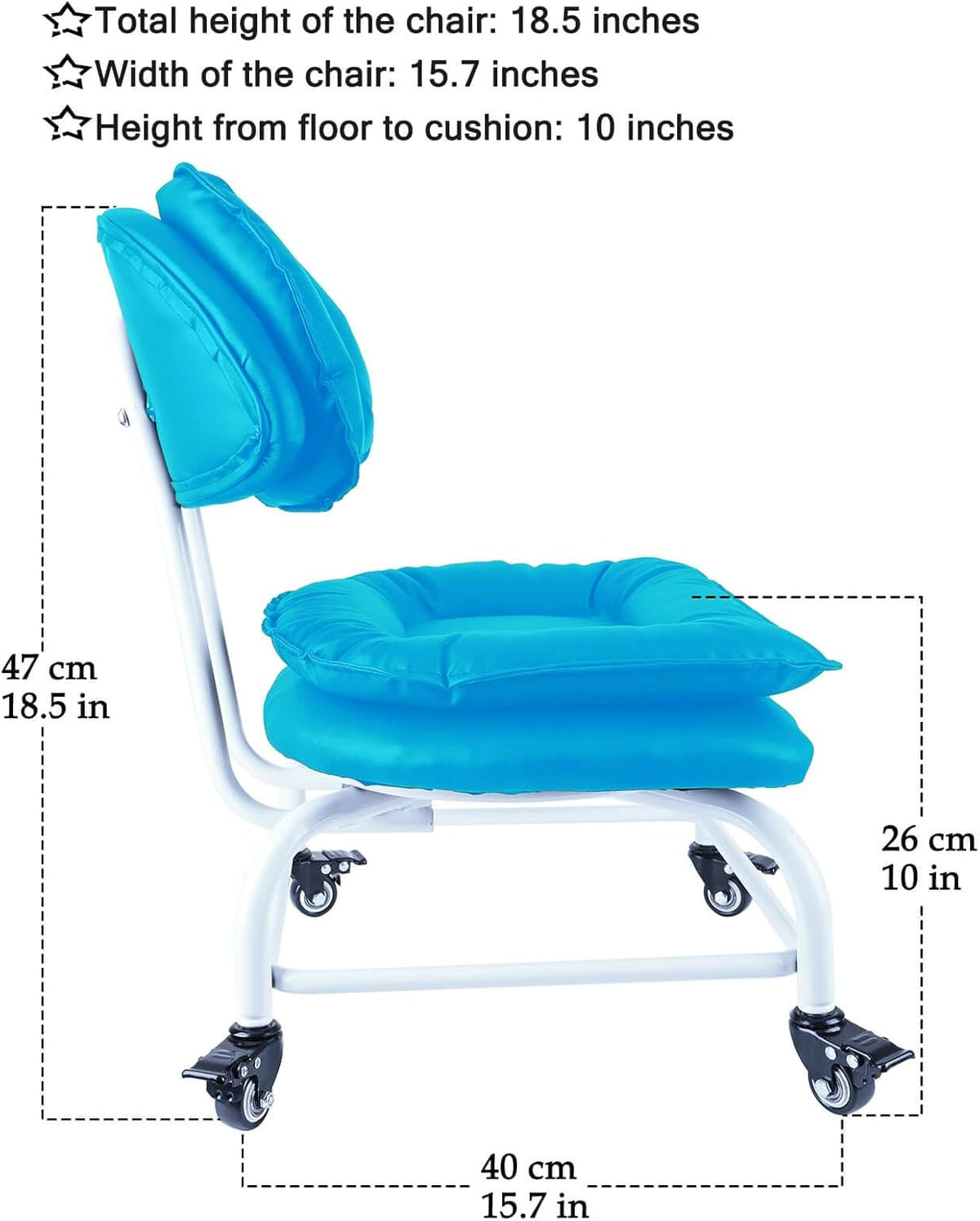 Rolling Stool Wide Seat with Back Rolling Chair 4 Wheels with Brakes for Home Office Garage Shop Waterproof Roller Seat Durable Steel Stand Blue