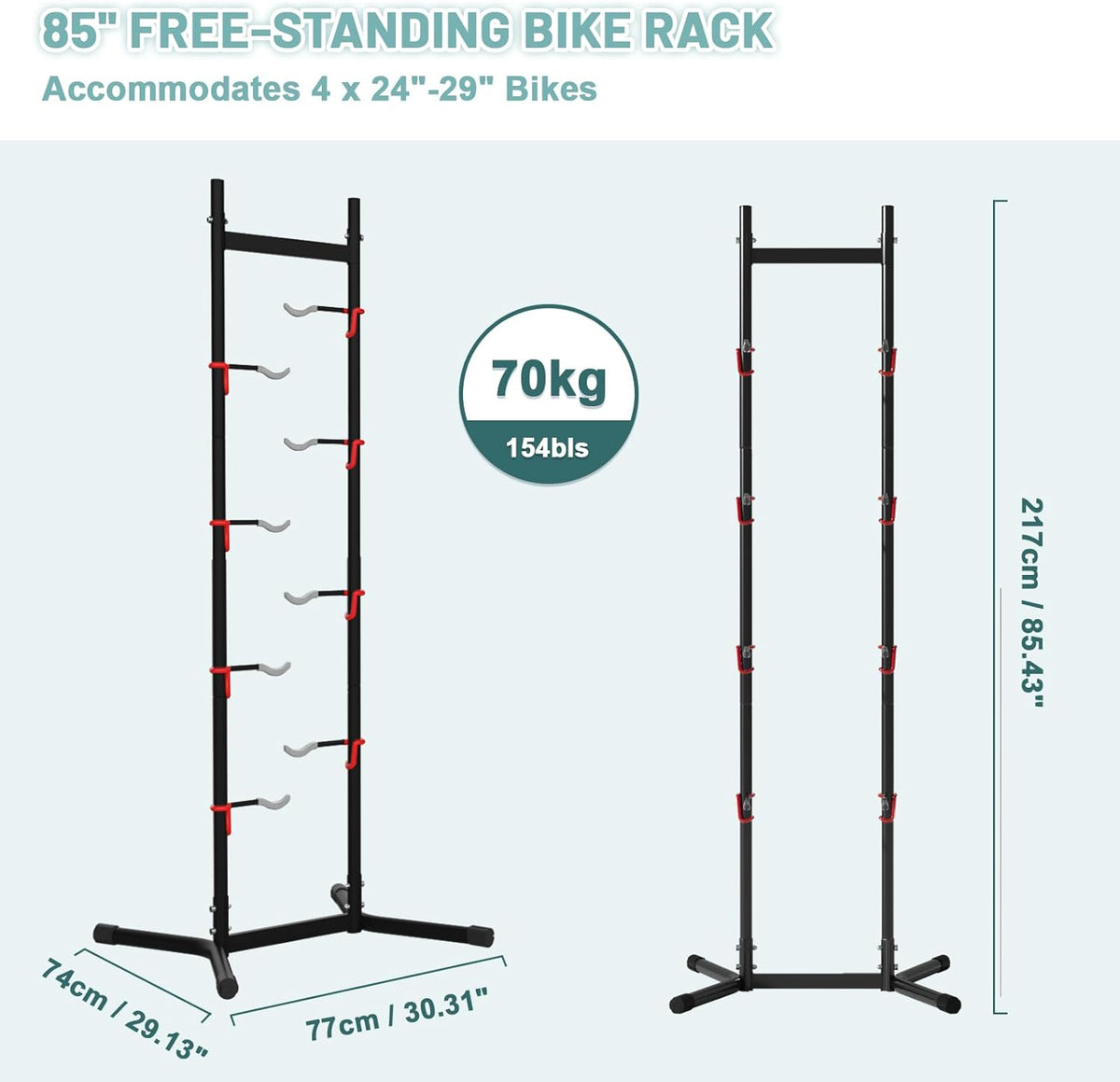 Urban Deco 2-4 Bike Storage Rack Garage Max154lbs, Freestanding Indoor Bike Rack with Adjustable Hooks, Vertical Bike Floor Stand for Road, Mountain and Hybrid Bike, Black