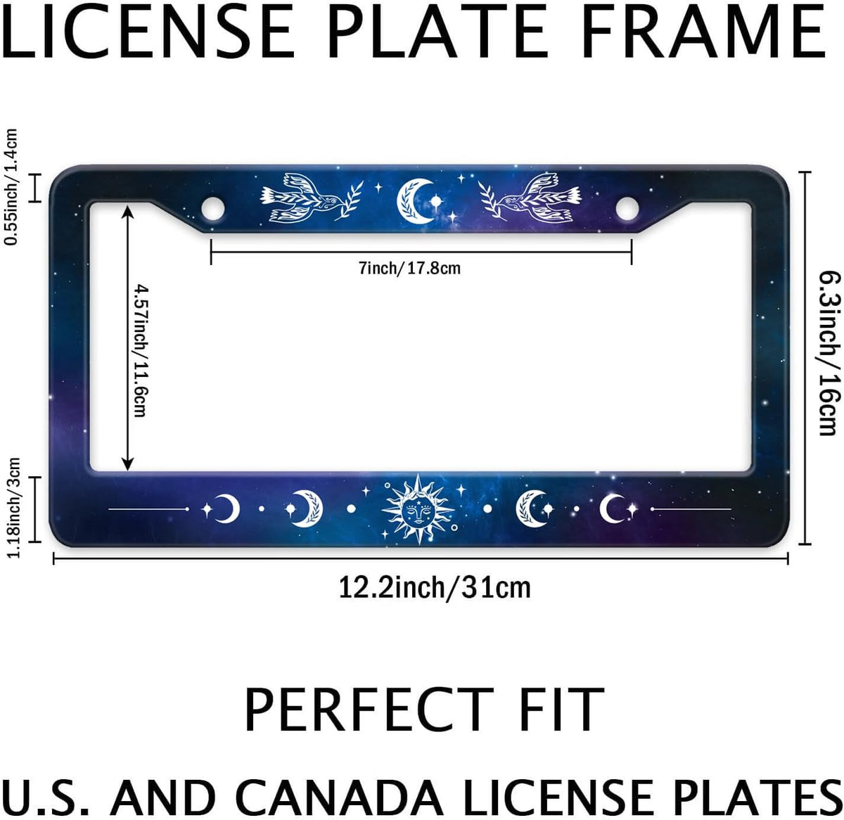 Starry Sun Moon License Plate Frame, Night Sky Moon Phase License Plate Holder Cover, Metal Aluminum Rustproof Car Accessories for Us Canada Standard Women Men 2 Holes with Screw Caps