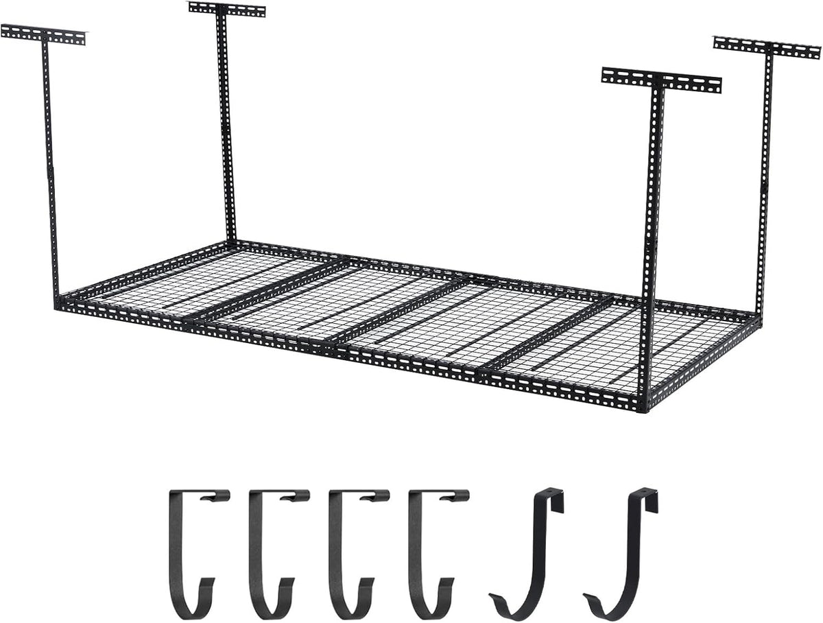 Overhead Garage Storage Rack 4x8 FT, Steel Ceiling Shelves 330lb Capacity, Height Adjustable 22-40 Inches, Space-Saving for Attic Basement Shed (Black, 4 Posts)