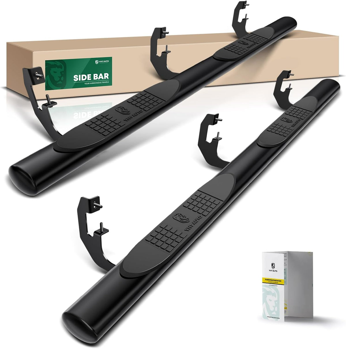 YHTAUTO 4 Inch Running Boards Side Step Bars Fit Chevy & GMC Models - Silverado, Sierra 1500/2500 HD/3500 HD 2019-2024 - Extended/Double Cab, Oval Straight Steel Black Powder Truck Cab Side Step Rails