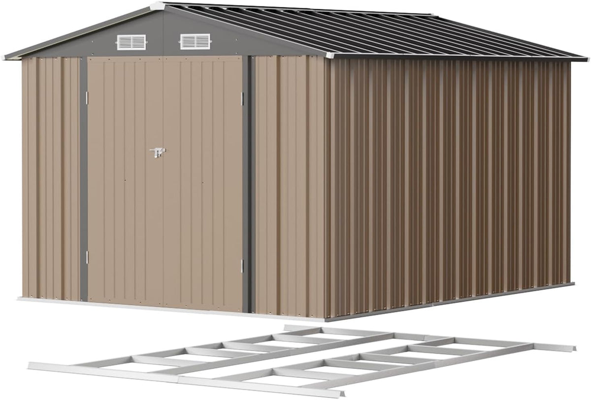 Patiowell 8x10 FT Outdoor Storage Shed with Floor Frame, Large Garden Tool Metal Shed with Sloping Roof and Double Lockable Door, Outdoor Shed for Backyard Garden Patio Lawn,Brown