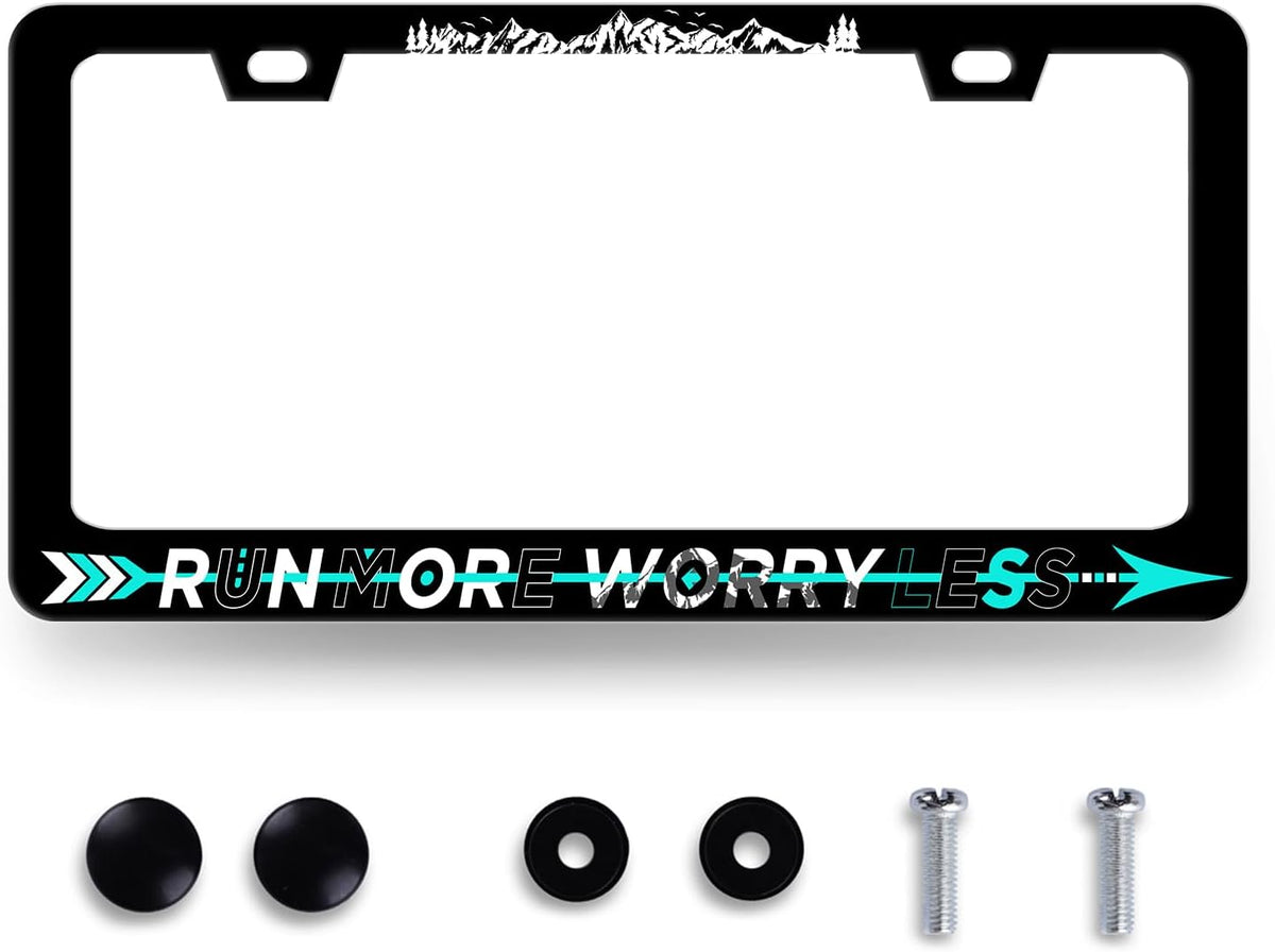 Run More Worry Less License Plate Frame Mountain Arrow License Plate Holder Stainless Steel Front and Rear Car Tags Auto Parts Funny License Plate Decoration with Screws Men Women 12.2" x 6.2"