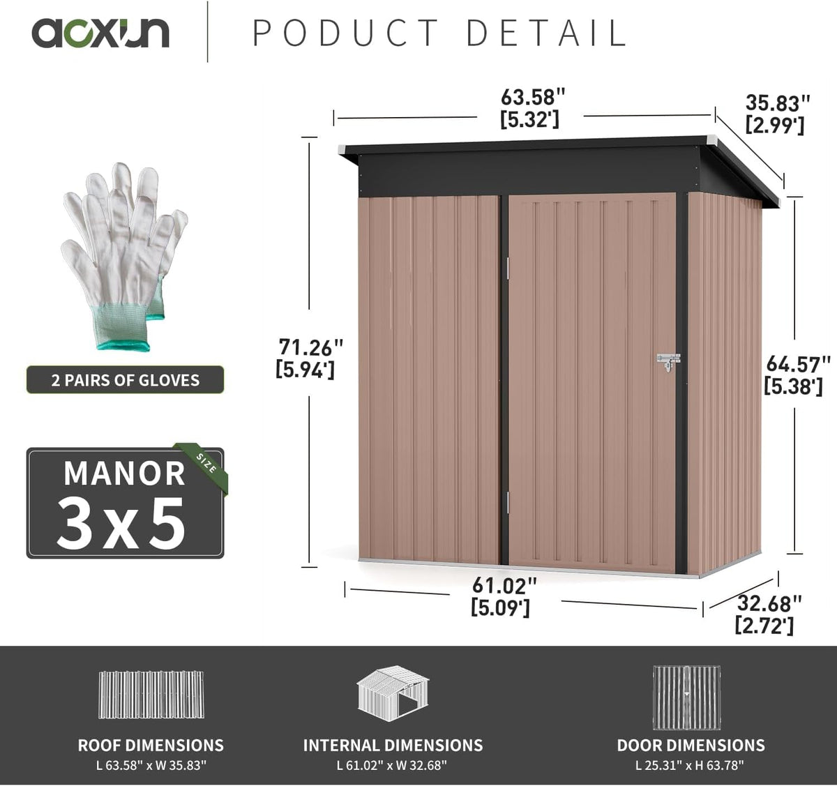 Aoxun 80 CU. FT Outdoor Storage Shed Waterproof Garden Metal Tool Shed, Brown