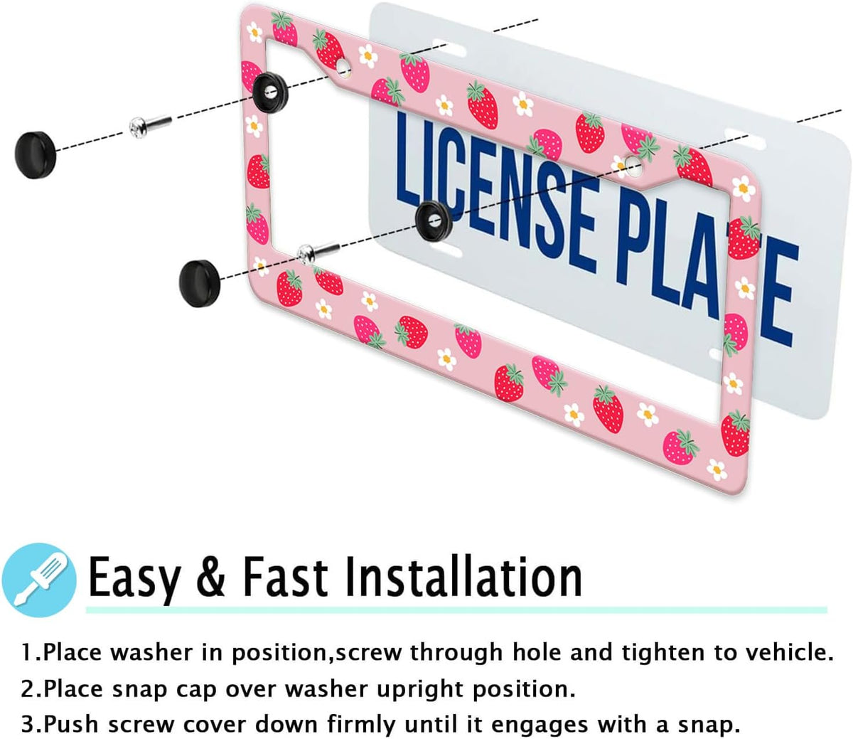 Cute Strawberry Printed License Plate Frame, Strawberry and Flowers Frames Holder Covers, Metal Aluminum Rustproof Car Accessories for Us Canada Standard Women Men 2 Holes with Screw Caps
