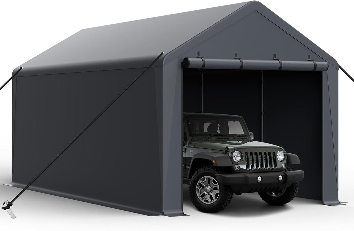 10x20FT Heavy Duty Portable Carport - All-Weather Enclosed Shelter for Cars, Trucks, SUVs & Boats, Waterproof & UV-Resistant Canopy with Removable Sidewalls, Doors, Ground Stakes (Gray)