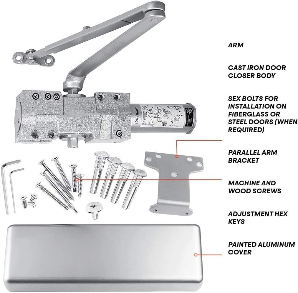 Lawrence Extra Heavy Duty Door Closer Commercial Grade 1 - Adjustable 6-Speed Delayed-Action Door Control with 3 Pistons – Flexible Installation with Included Hardware - Embassy Series LH8016