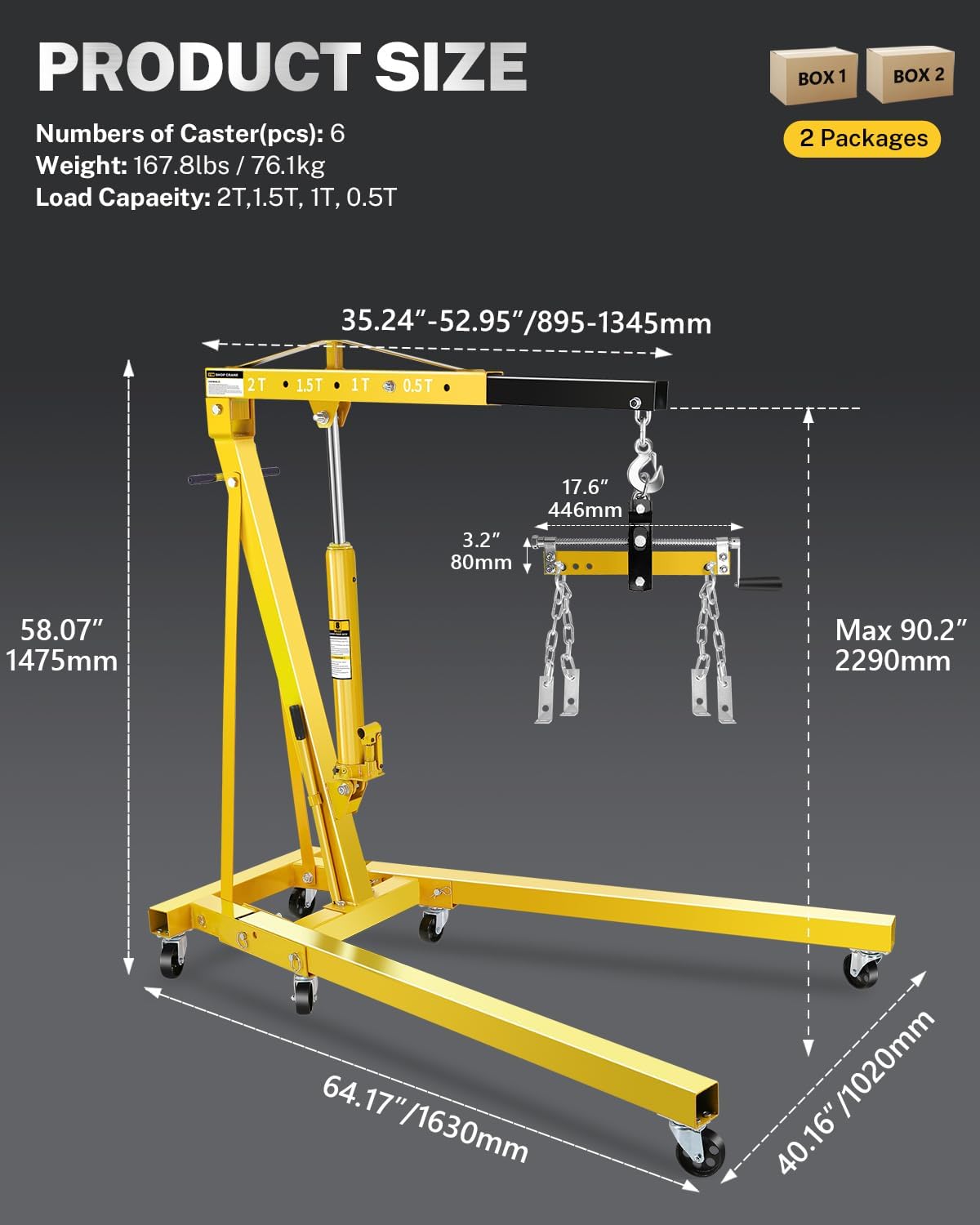 2-Ton Folding Engine Hoist with Lever, Hydraulic Shop Crane with 6 Swivel Wheels & Adjustable Boom (0.5T-2T), Heavy-Duty Cherry Picker for Garage, Workshop, Truck, Farm (Net Wt. 168 lbs)
