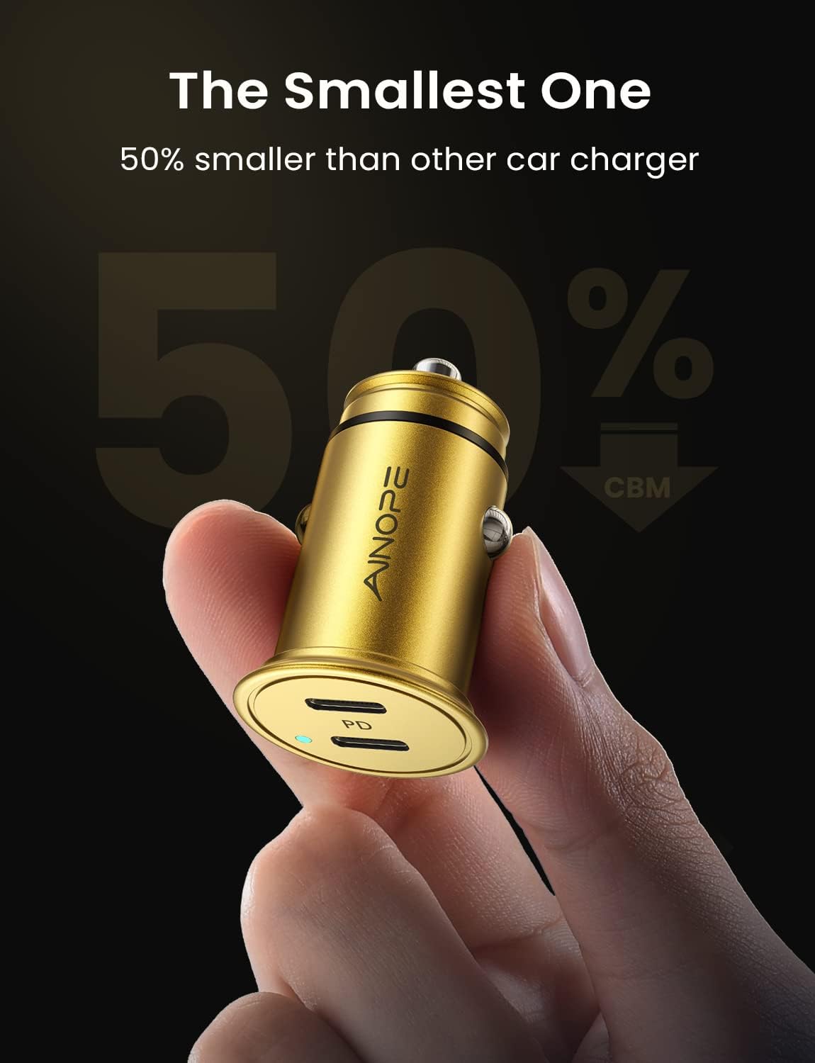 AINOPE Super Fast USB C Car Charger, 56W Fast Charging, Smallest All Metal 12V Car Charger USB C Fit for iPhone 16 Pro Max, Galaxy S24, 2024 iPad Pro - Gold