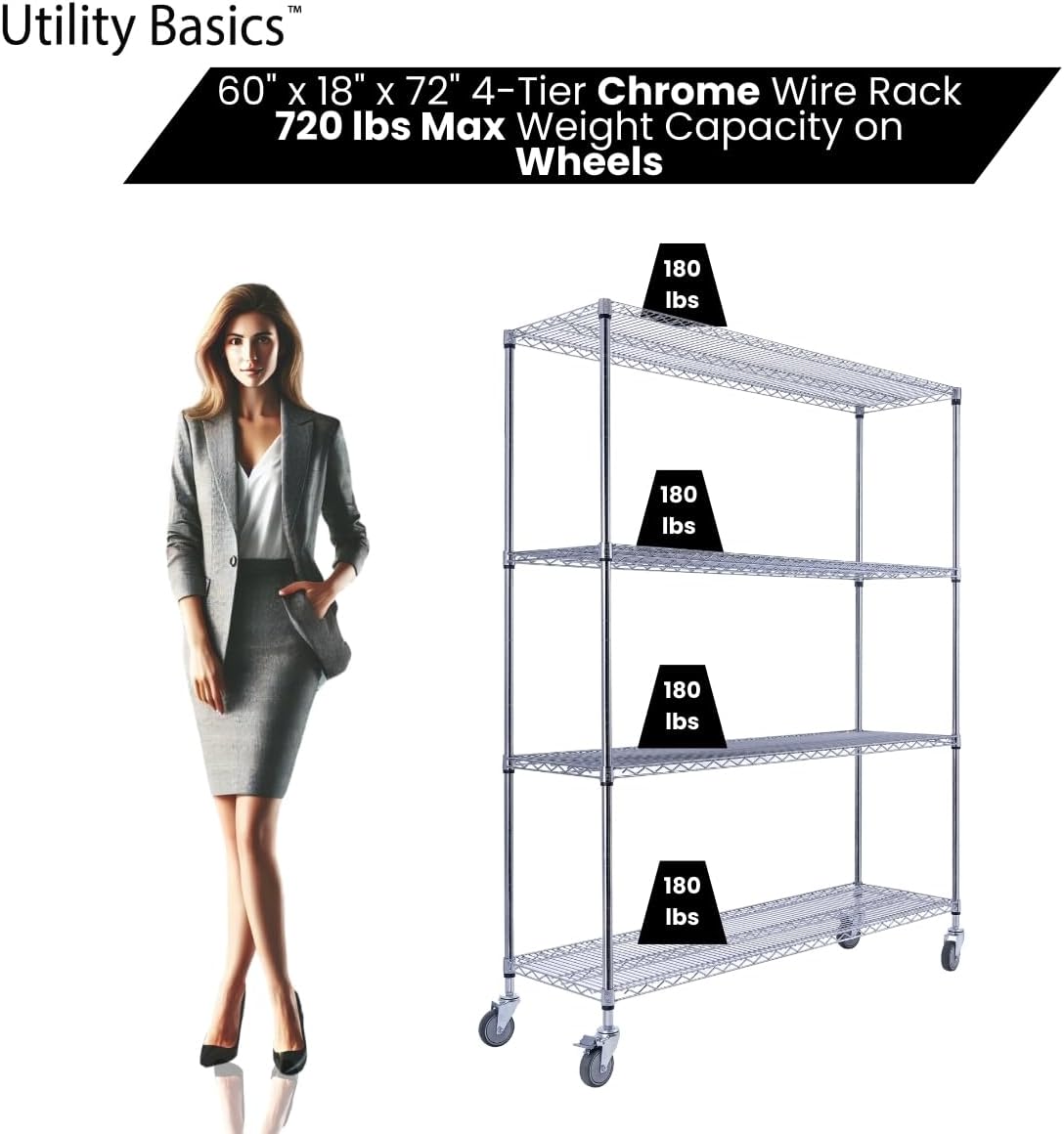60"x18"x72" Chrome Premium Metal Steel Wire Shelving 4-Tier NSF 3200 LBS MAX Capacity Heavy Duty Storage Rack for Garages, Commercial Spaces, Hospitals, & Schools w/Premium Wheels