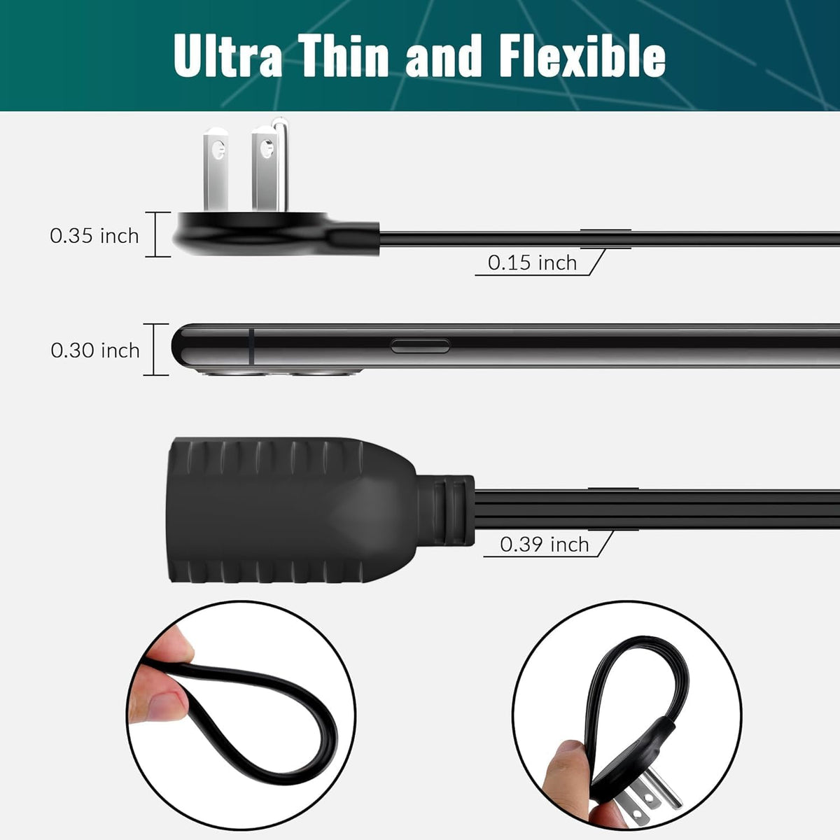 Elecan Flat Plug Extension Cord 12 Ft with Slim Space-Saving Plug Design, Thin Flat Cable Low Profile Power Cord 3 Prong Grounded Wire, 16 Gauge 13 A/125 V-Black-ETL Certified
