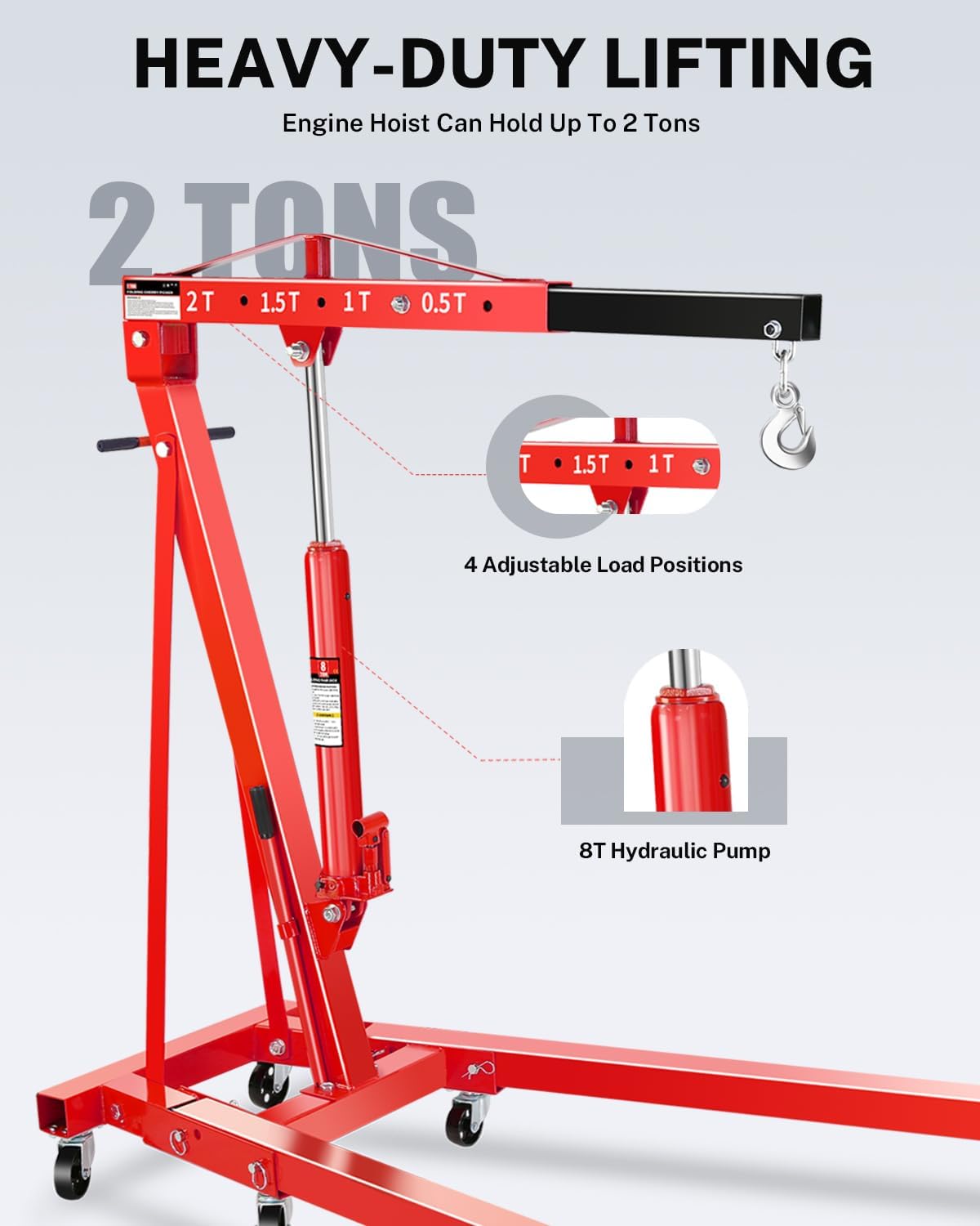 2-Ton Folding Engine Hoist, Hydraulic Shop Crane with 6 Swivel Wheels & Adjustable Boom (0.5T-2T), Heavy-Duty Cherry Picker for Garage, Workshop, Truck, Farm (Net Wt. 157 lbs)