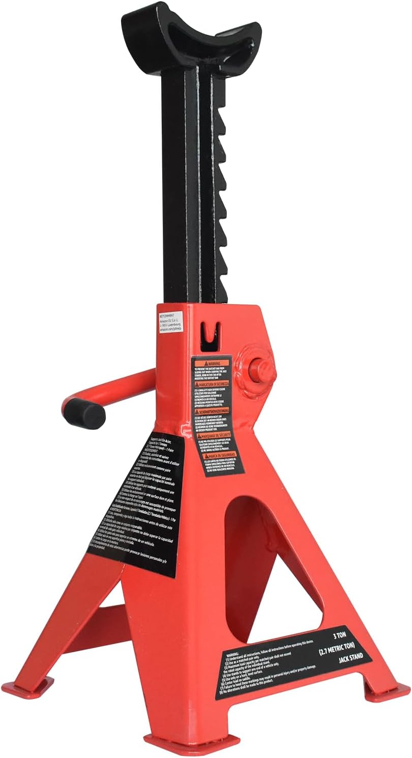 Amazon Basics Steel Jack Auto Stands with 6,000 lb or 3 Ton (2.7 metric Ton) Capacity, 1 Pair, Black and Red