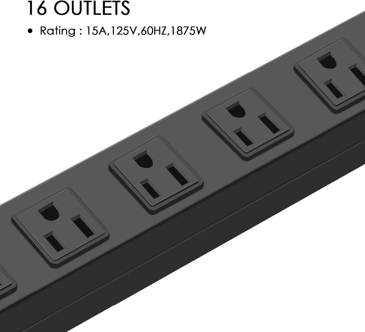 Metal Wall Mount Power Strip, Mountable Power Outlet, Aluminum Alloy Mount Power Socket with Switch, 6 FT SJT 3/C 14AWG Power Cord, 15A 125V 1875W (16 Outlet)