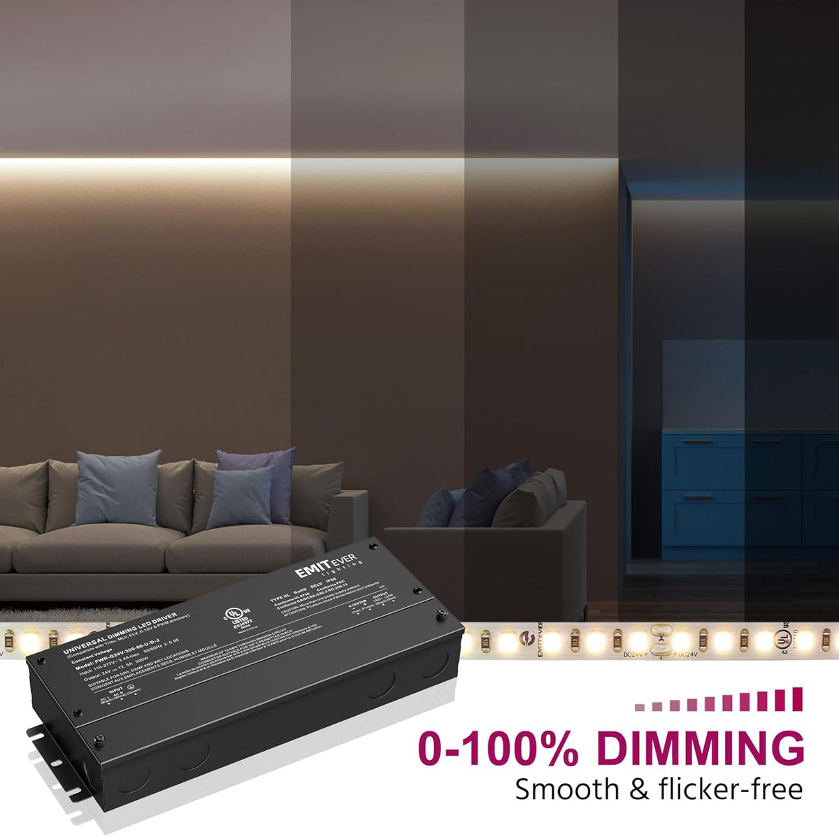 EMITEVER Dimmable Led Driver, 300W AC 110V-277V to DC 24V Transformer, 5-in-1 Dimming: ELV/MLV/TRIAC / 0-10V / 1-10V / 10V PWM/Potentiometer, Waterproof IP67 and UL Listed