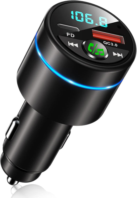 FM Transmitter for Car Bluetooth 5.3, [All-Metal] PD 30W & QC3.0 18W Fast Car Charger, Wireless FM Radio Car Kit Bluetooth Car Adapter, Noise Cancelling Hands-Free Call, Blue Light - Black