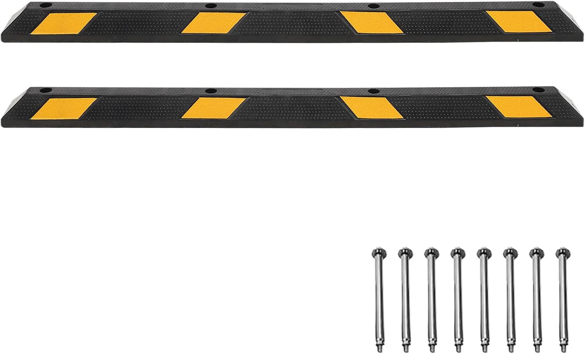 Parking Stoppers for Garage, 72 Inch Premium Parking Block Curb with Yellow Reflective Stripe, Heavy Duty Wheel Stopper for Cars, Vehicles, Trucks, Installation Kits Included, Pack of 2
