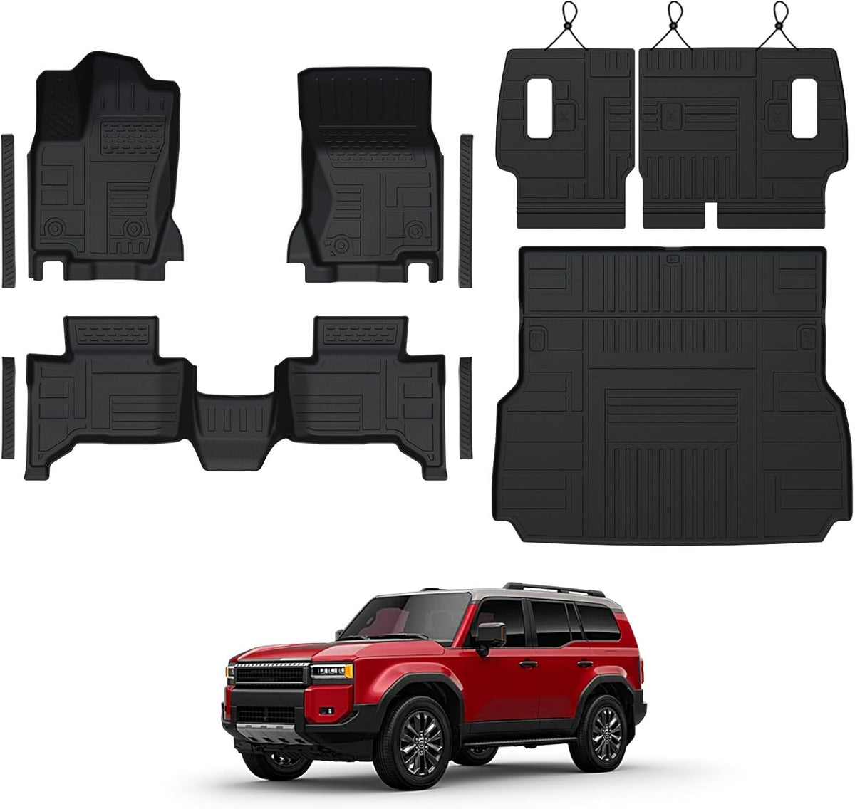 Floor Mats Set for 2024 2025 Toyota Land Cruiser Prado 5 Seats, Full Coverage All Weather Floor Mats Cargo Mat with Backrest Protectors & Door Sill Guards for Land Cruiser Accessories
