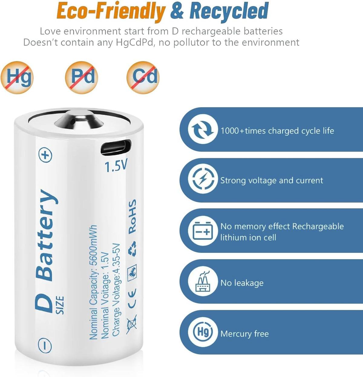 D Cell Batteries 4 Pack,Lithium D Batteries 5600mWh, Rechargeable D Batteries with USB-C 4 in 1 Charging Cable, 1.5V D Cell Battery for Flashlight Toys & floodlight