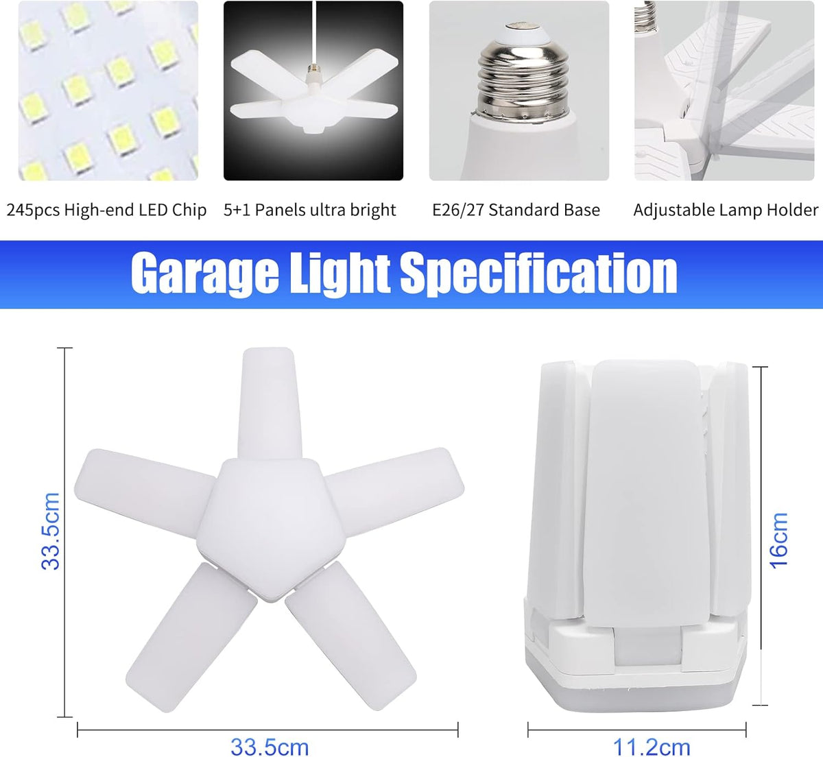 LED Garage Lights 2 Pack, 100W 10000LM 6500K E26/E27 Ceiling Light with 5 Adjustable Panels for Workshop, Basement, Warehouse