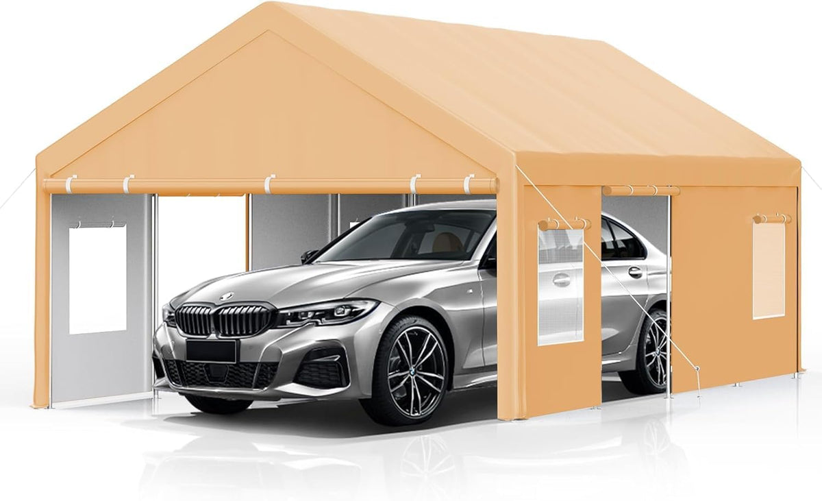 13x25FT Heavy Duty Carport, Outdoor Garage Canopy with 4 Roll-Up Doors and Mesh Windows, Large Portable Shelter Tent for Car, Truck, Boat, Party, Market