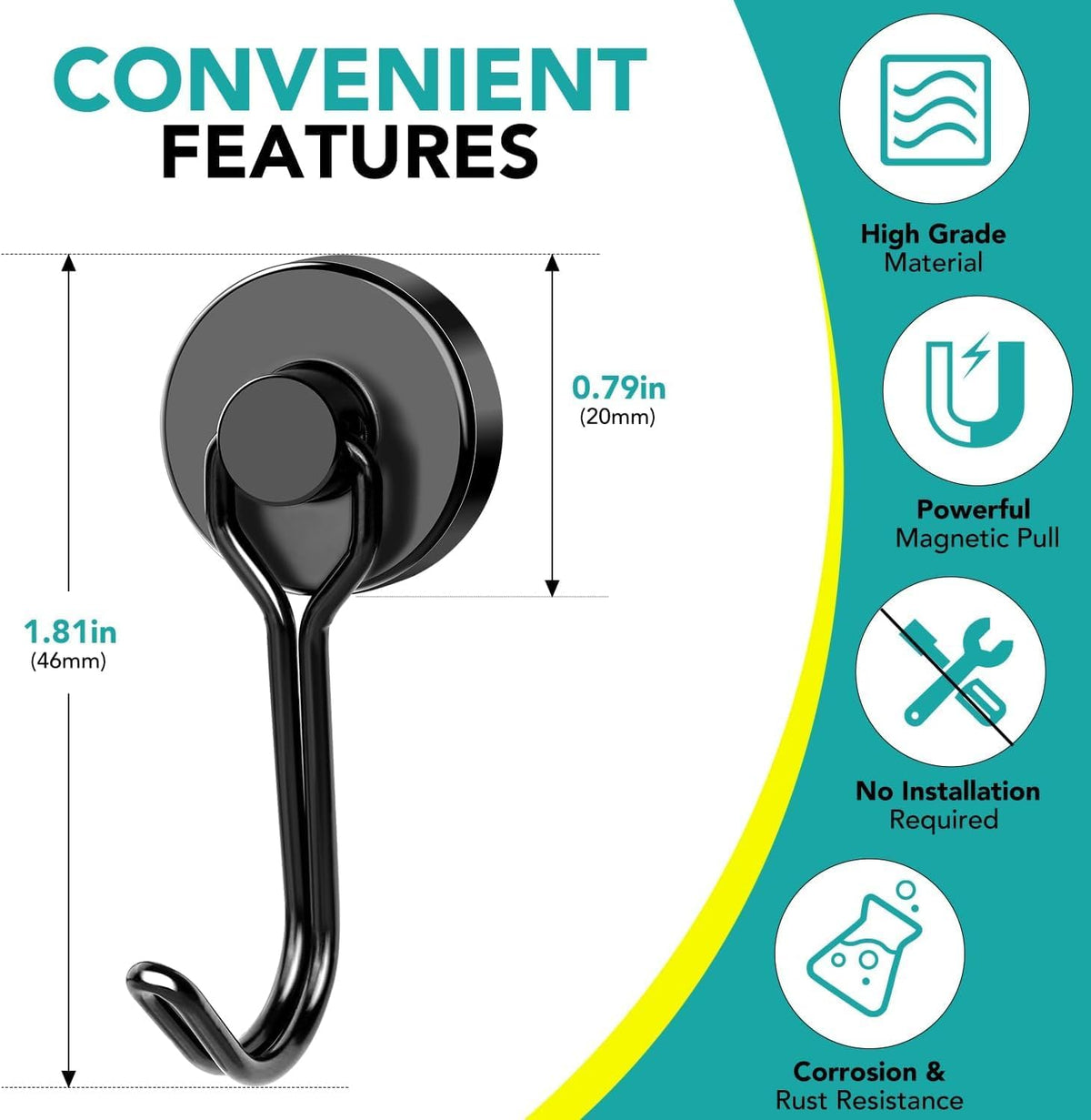 DIYMAG Black Magnetic Hooks, 40LBS Strong Magnetics Heavy Duty, Magnet Hook with Metal Hanger for Hanging Refrigerator Home Kitchen Office, 16Pack