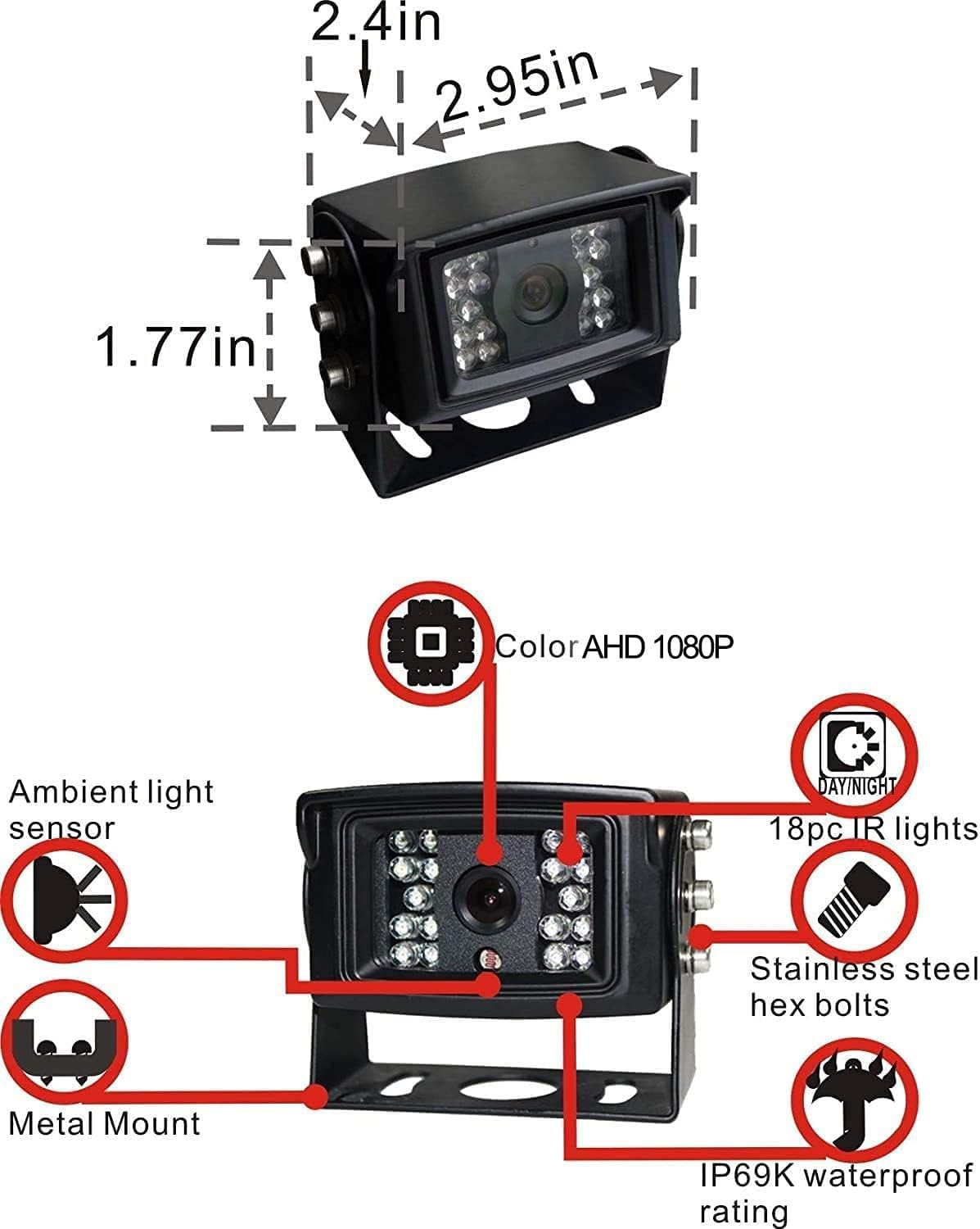 AHD 1080P 7" Reverse Rear View Backup Camera System, Camera with Night Vision Waterproof IP69K Vibration-Proof 10G for Tractor/Truck/Bus/Motorhome/Excavator/Caravan/Skid Steer/Harvester
