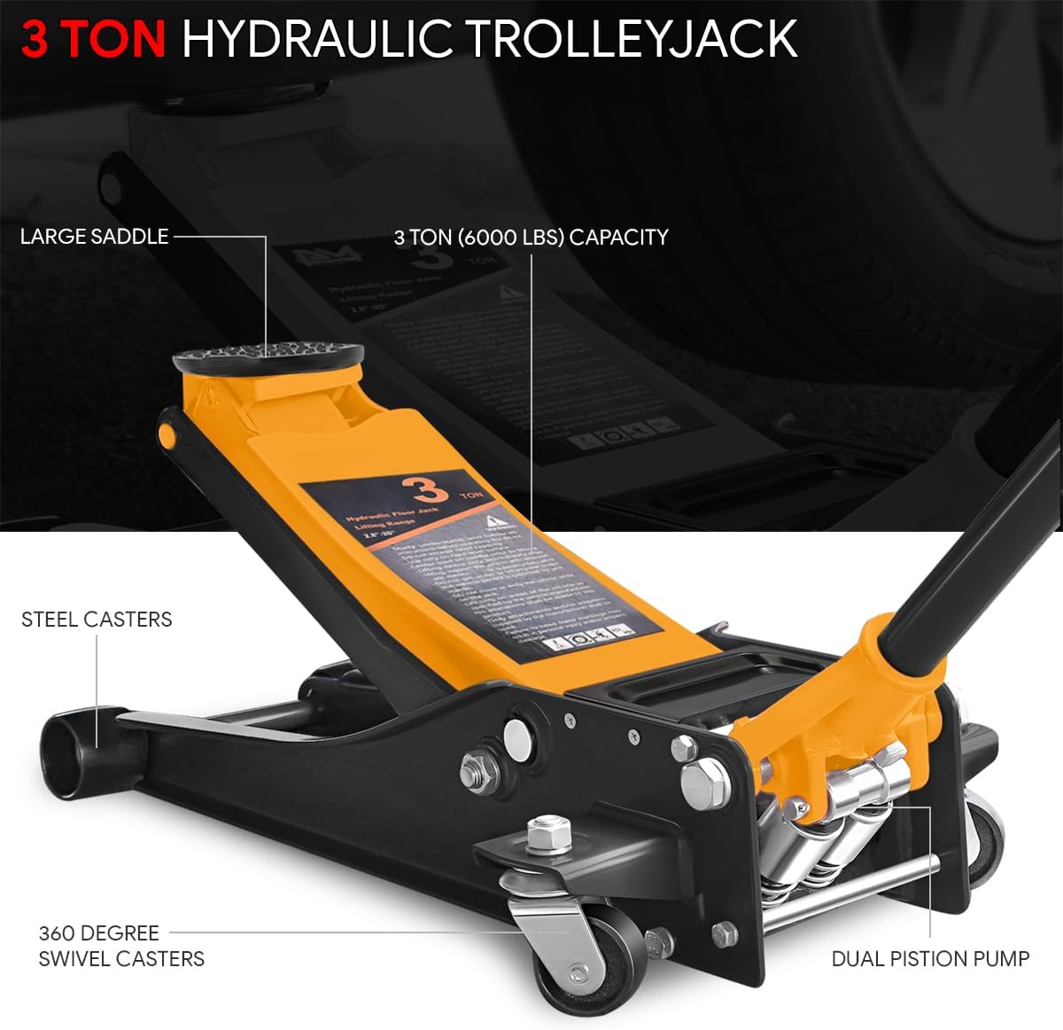 DNA MOTORING Low Profile Hydraulic Trolley Service/Floor Jack, 3 Ton (6000 lbs) Capacity Heavy Duty Hydraulic Car Jack, Lifting Range 3"-20", Orange, TOOLS-00475-OG
