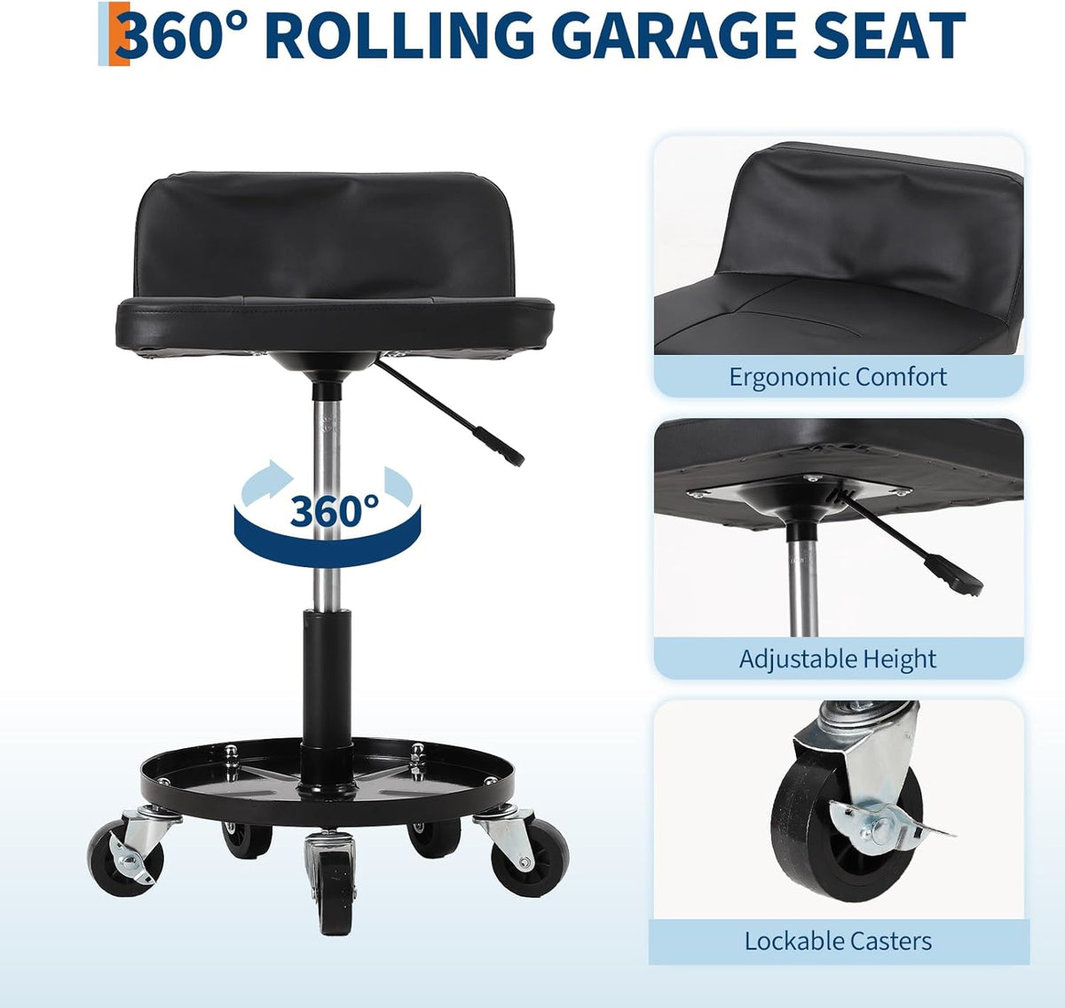 Garage Stool, 16”-21” Adjustable Rolling Mechanic Stool with Universal Wheels, Removable Magnetic Tool Tray, 300LBS Capacity, Roller Creeper Seat, Shop Chair