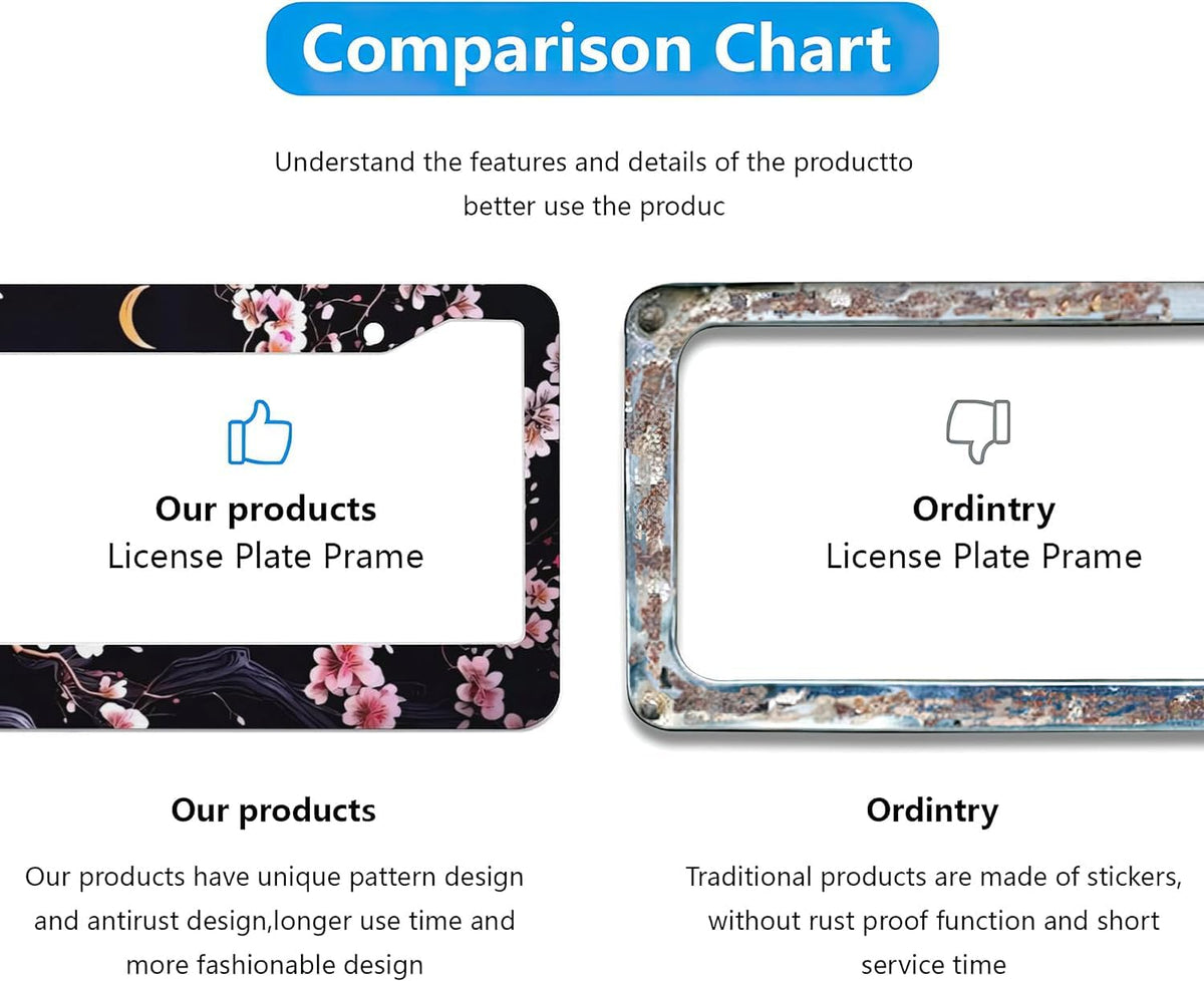 Flowers Plum Blossom Moon License Plate Frames - 2 Pcs Set 2 Holes Metal Aluminum Auto Car Accessories Decoration License Plate Frame 12.2 x 6.3 inch for Women Men Gift