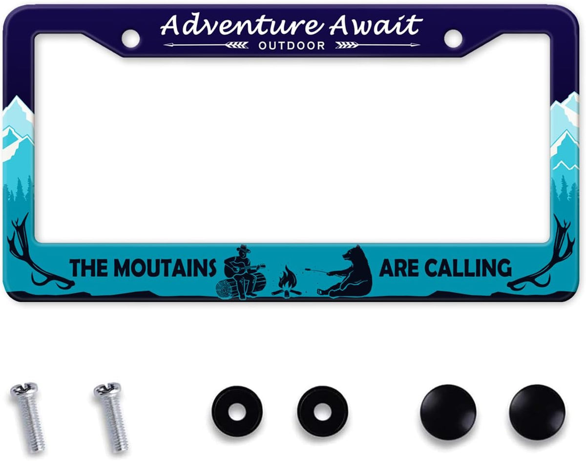 Adventure Await License Plate Frame, Mountains Forest Bear Outdoor License Plate Holder Cover, Metal Aluminum Rustproof Car Accessories for Men Women, Great Gift for Hiking Camping Enthusiasts
