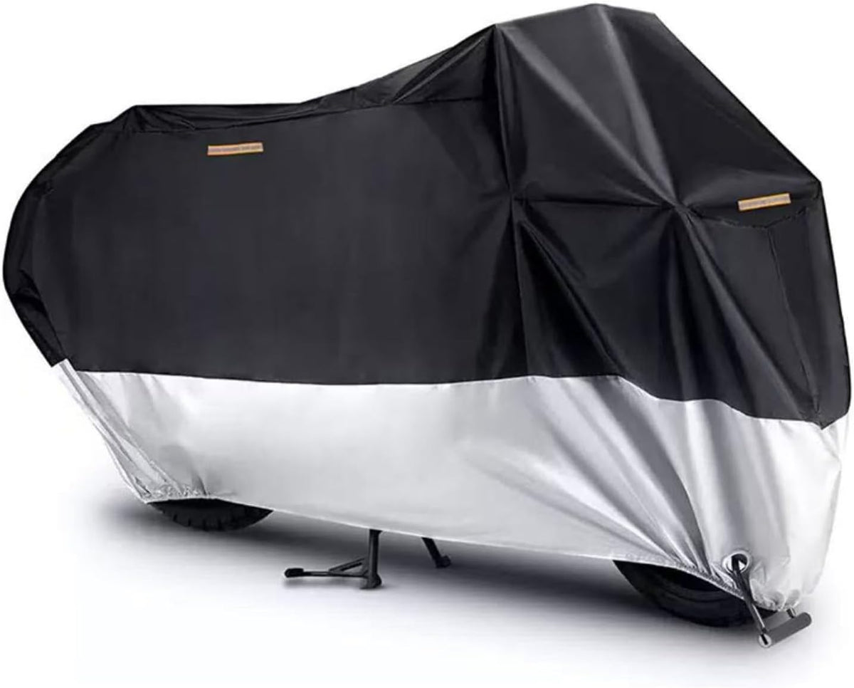 Motorcycle Cover, 210D Oxford Cloth, with Reflective Stripes, Waterproof Outdoor Protection, All-Weather Universal car Cover, with Lock Holes and Storage Bag. (Black Silver, 96.5")
