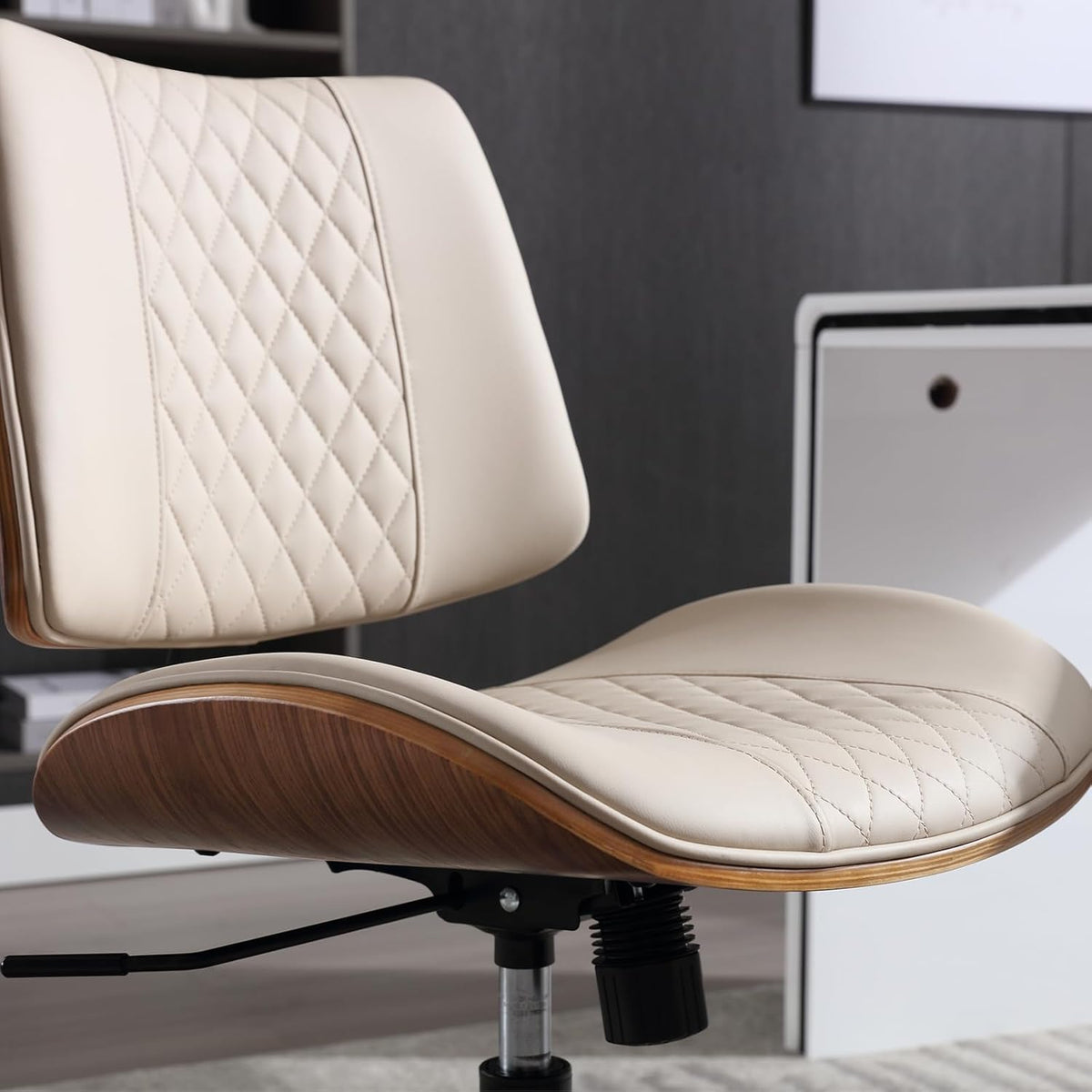Home Office Chair No Arms with Wheels, Adjustable Height Small Desk Chair, PU Leather Mid Back 360 Swivel Computer Chair, Armless Modern Walnut Chair for Office, Reading Meeting Room(Beige)