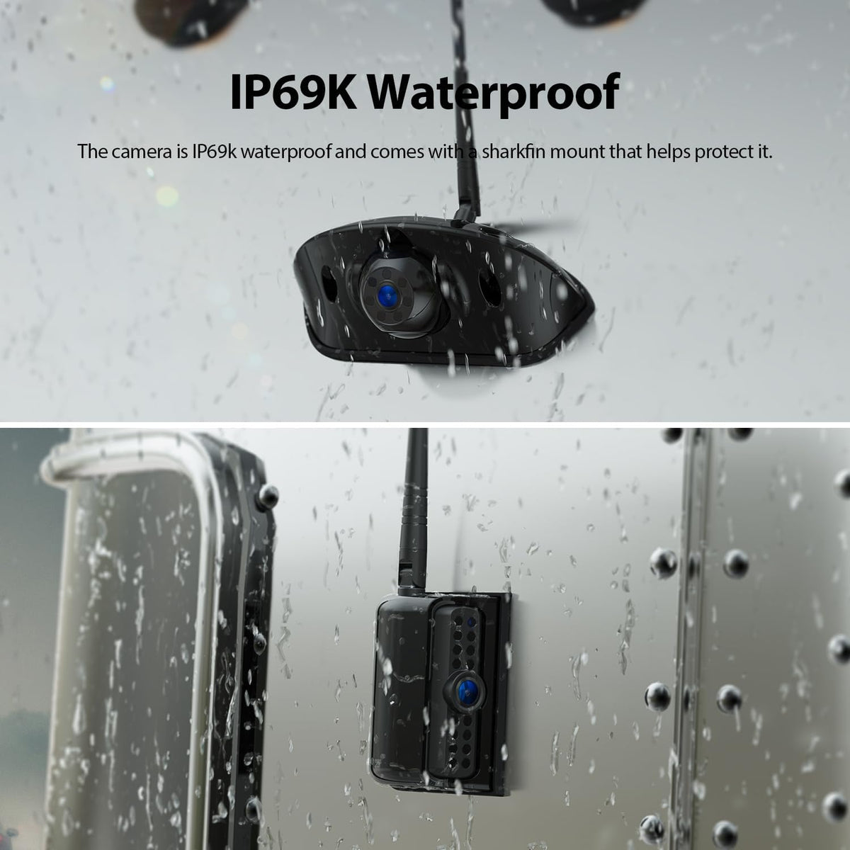 4 Cameras Wireless RV Backup System with 7-Inch Monitor, 2 Rear Sharkfin 2 Side Cameras, IR Night Vision, IP69k Waterproof Recording, Compatible with Furrion Pre-Wired RV Truck Trailer BW4