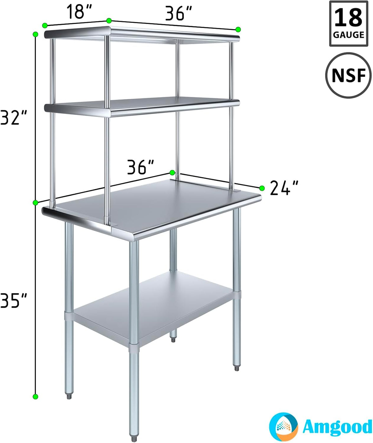 Amgood Stainless Steel Work Table Double Tier Overshelf | Metal Kitchen Prep Table & Shelving Combo (24" x 36" Work Table + 18" Overshelf)