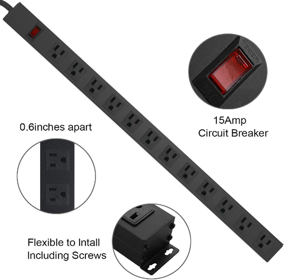 HHSOET Aluminum Wall Mount Power Strip - 12 AC Outlets, 15 FT Cord, 15A 125V Switch