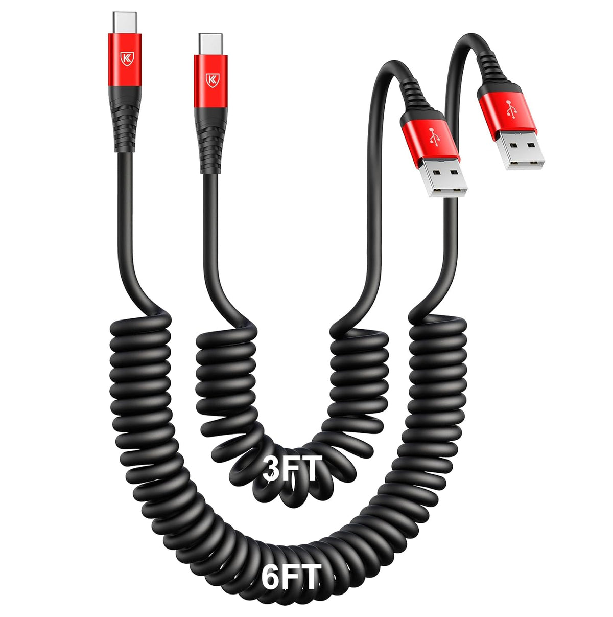 USB C Cable [3FT+6FT], 2Pack USB A to USB C 3A Fast Charging, Coiled Type C Charger Cord for Car USB-C Cable Compatible with iPhone 16/15/Plus/Pro/Samsung Galaxy A10e A20 A50 S20 Plus S10E Note 20-Red