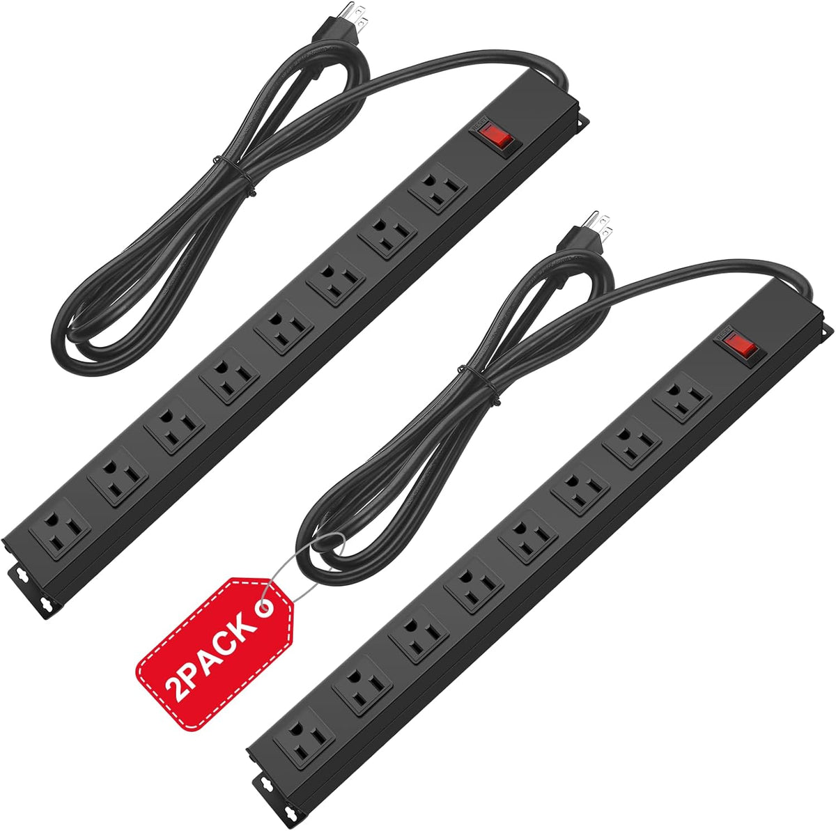 2Pack Metal 8 Outlet Mountable Power Strip, Wall Mount Outlet Heavy Duty, Wide Spaced Commercial Shop Power Strip with Switch, 15 FT SJT 14AWG Power Cord.