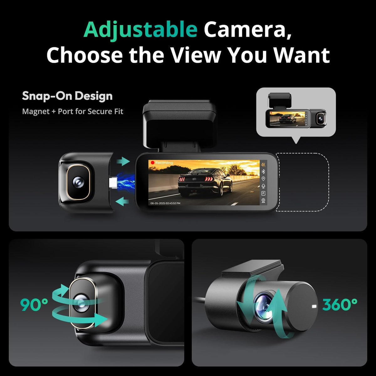 4K 3 Channel Dash Cam Front and Rear/Inside, 360°Dash Camera with 3.18" Touch Screen, Night Vision Dashcam, Built-in GPS, 5.8G WiFi, Voice Control, 24/7 Parking Mode Car Camera, Free 128GB Card