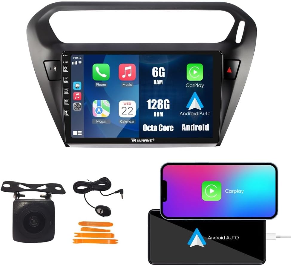 Kunfine Car CarPlay Android Auto Navigation Stereo GPS Radio Reverse Camera Display 9" IPS Touchscreen Headunit Tablet Media Player for Peugeot 301 13-22, if Applicable Octa Core 6G+128G Matte Black