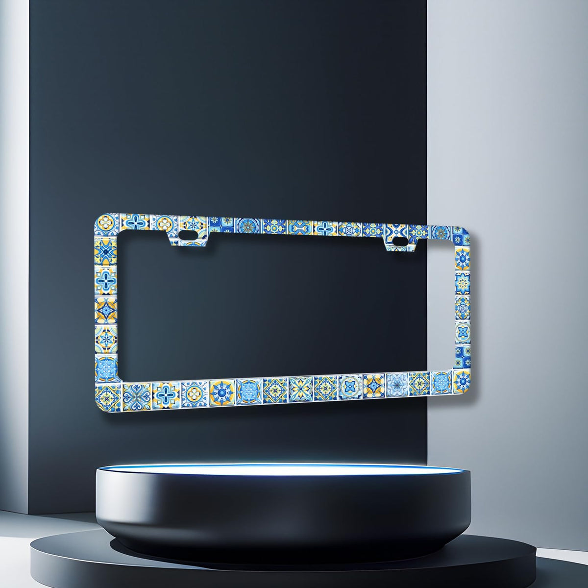 Blue White Mexican Tiles License Plate Frame Boho License Plate Holder Stainless Steel Colorful Car Accessories Decoration 6.3"X12.3" with 2 Holes Screws