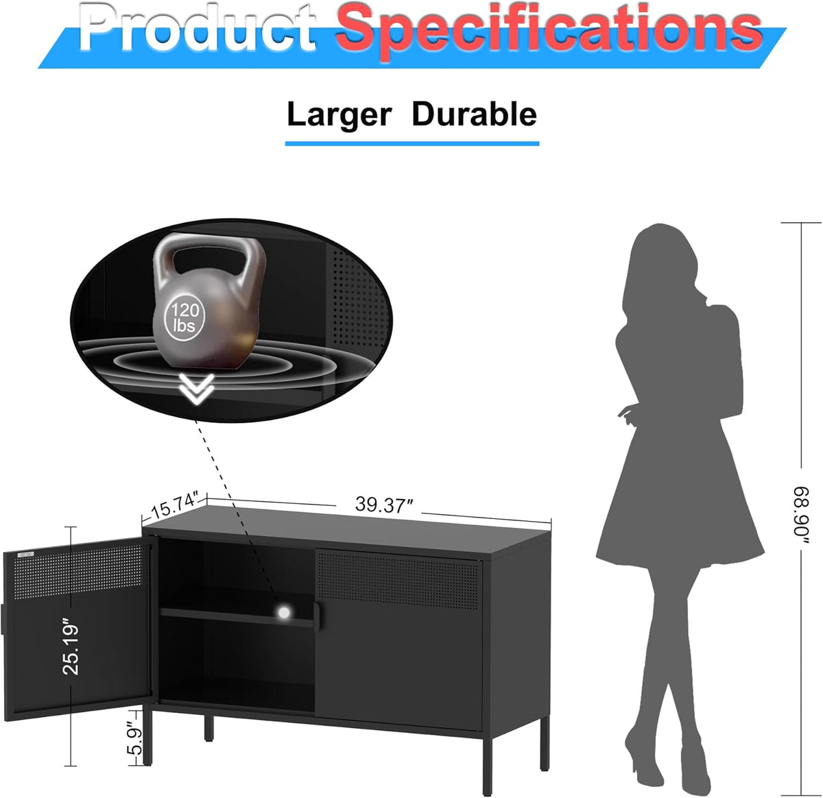 2 Door Storage Sideboard, Metal Storage Cabinet with 2 Adjustable Shelf,Multipurpose Metal Accent Cabinet for Office Home,Music Studio (Black, 25''H)